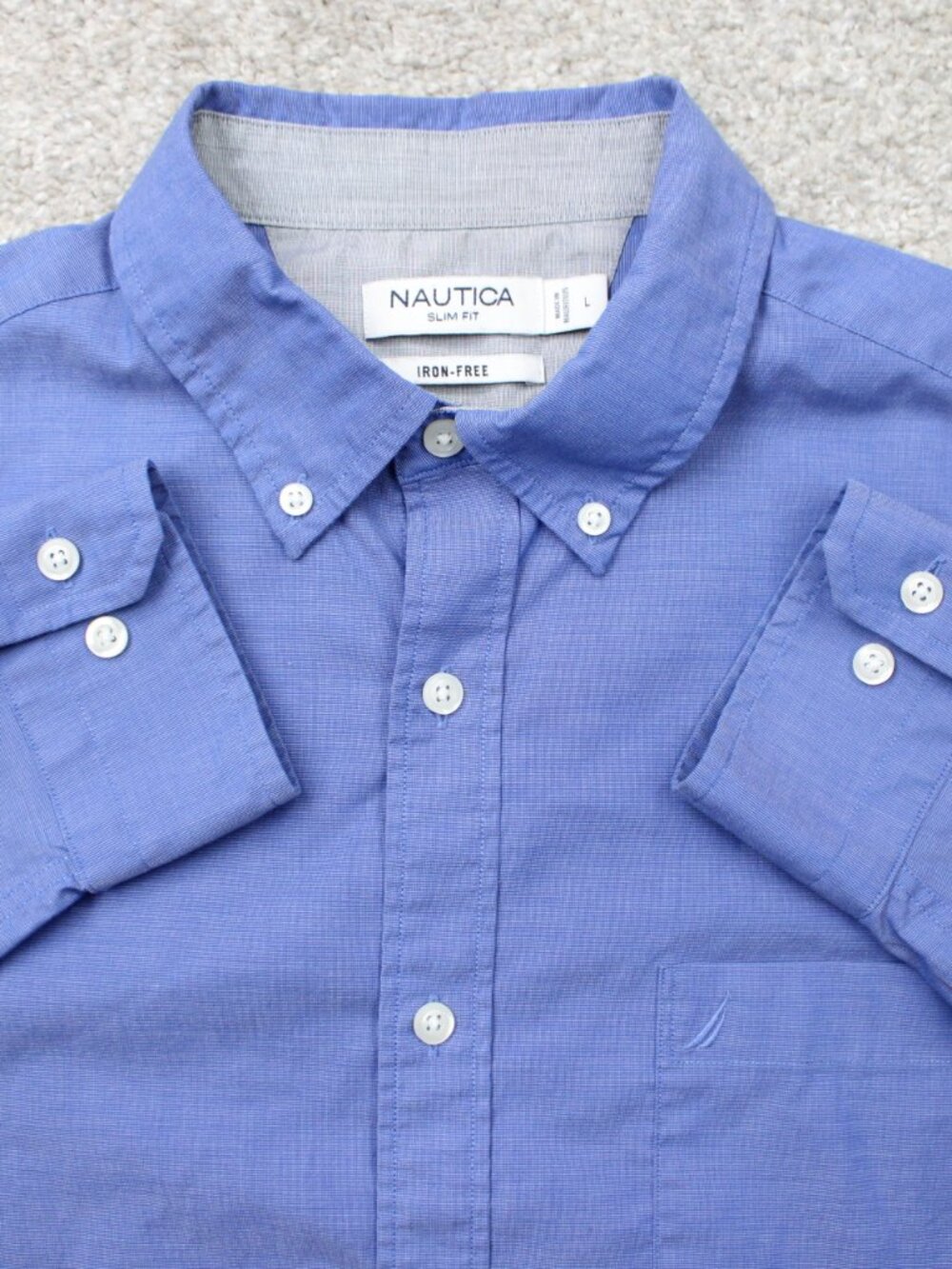 Nautica Shirt Mens Large Blue Slim Fit Iron-Free Cotton Stretch Long Sleeve